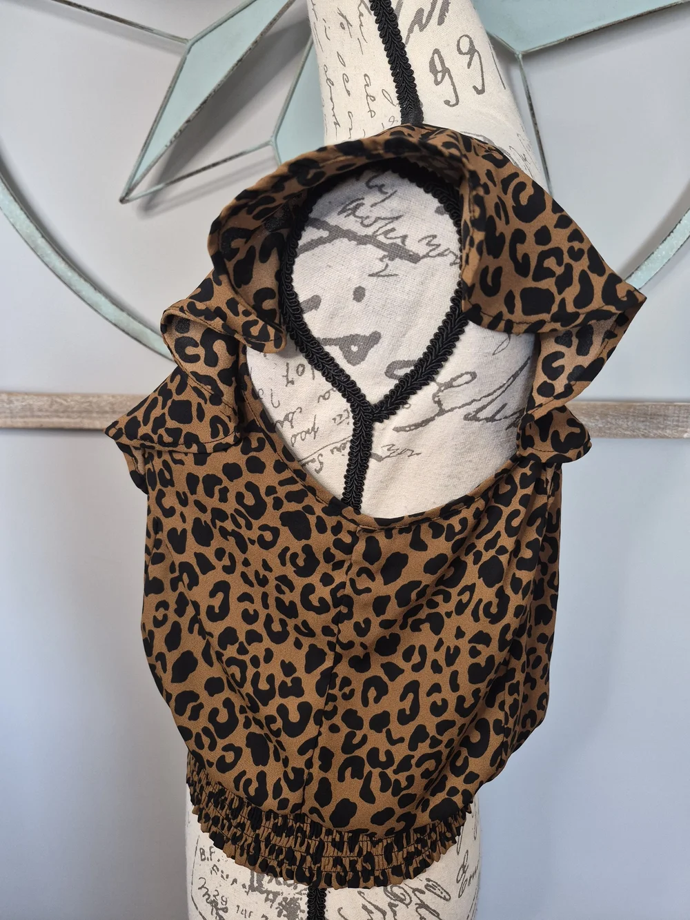 Sienna Sky Brown and Black Leopard Ruffle Sleeve Faux Wrap Smocked Hem Top - S